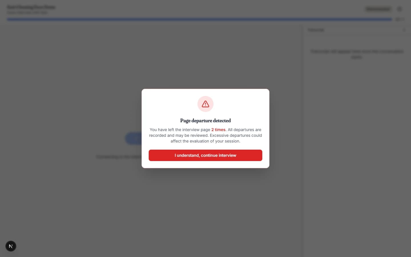 An integrity warning shown to a candidate after leaving the interview page