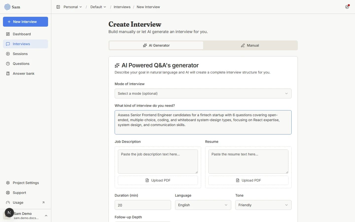 Recruiter360.ai's AI interview generator turning a plain-language goal into a full interview