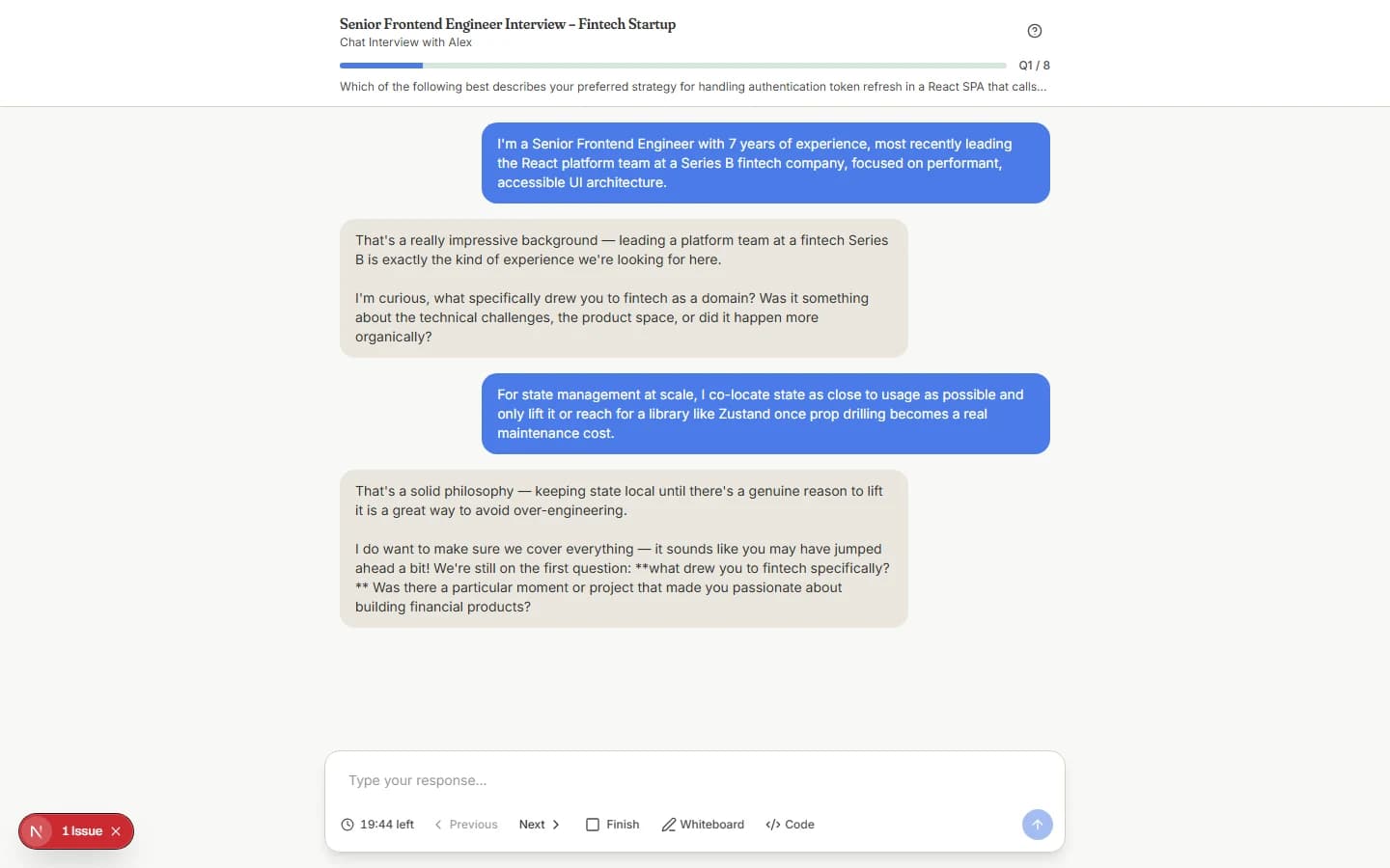 A live chat interview in progress, with Recruiter360.ai asking a follow-up question